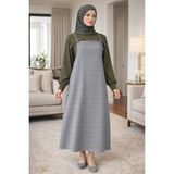 El Moda Kadın Gri Ekose Kumaş Ayarlanabilir Ip Askılı Jile Elbise - 2XL - 3XL - Gümüş Gri