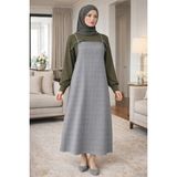 El Moda Kadın Gri Ekose Kumaş Ayarlanabilir Ip Askılı Jile Elbise - L - XL - Gümüş Gri