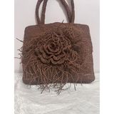 El Örgüsü Kağıt Ip Kahverengi Gül Detaylı Astarlı Çıtçıtlı Plaj ve Günlük Kadın Omuz Çantası - 40x35 - 00Kahverengi