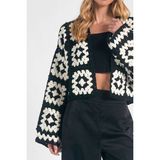 El Örgüsü Motif Detaylı Siyah Beyaz Kadın Hırka - L - XL - Siyah - Beyaz