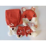 El Örgüsü Tilki Figürlü Çocuk Bere Atkı Eldiven Takımı | 3’lü Kışlık Set | Unisex | El Yapımı | Sıcak Tutan - Turuncu - Krem - 2- 6 Yaş