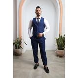 El Suit Gece Mavisi Yelekli Takım Elbise - 44 - Slim Fit - Açık Mavi - Koyu Mavi