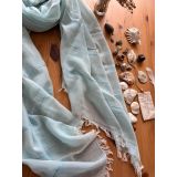 El Tezgahı Dokuma Şal 200 x 100 cm, Mint Mavi Çizgili | İnce & Dökümlü Kumaş, Çizgili Desen, Mevsim Geçişi İçin, Doğal Melanj Görünüm, Püsküllü Kenar