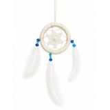 El Yapım Dantel Düş Kapanı Dreamcatcher, Beyaz Tüylü, Mavi Boncuklu, 8 cm Çap, Duvar ve Araba Süsü, 1 Adet