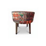 El Yapımı Anadolu Kilim Motifli Puf & Bench – Ahşap Ayaklı – 38x42 cm – Salon / Yatak Odası