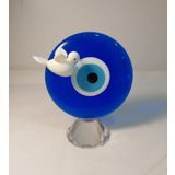 El Yapımı Cam Mavi Nazar Boncuk Küçük Yuvarlak Beyaz Kuşlu Nazarlık 11x14cm Tekli Biblo