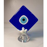 El Yapımı Cam Nazar Boncuk Kare Beyaz Kuşlu Nazarlık 14x16cm Tekli Biblo