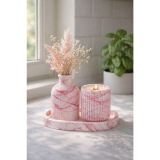 El Yapımı Dekoratif Vazo, Mumluk & Tepsi Seti – Pembe & Beyaz Mermer Desenli Modern Beton Dekor