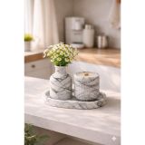 El Yapımı Dekoratif Vazo, Mumluk & Tepsi Seti – Siyah & Beyaz Mermer Desenli Modern Beton Dekor