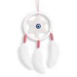 El Yapımı Düş Kapanı Dreamcatcher, Nazar Boncuklu, Beyaz Dantel, 8cm Çap, Pembe Boncuk ve Tüy Detaylı, Duvar Süsü