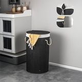 El Yapımı Hasır Katlanır Çamaşır Sepeti Yuvarlak 55 Litre (35CM*35CM*61CM), Doğal Malzemeden Üretilmiş Çamaşırlık (Siyah)