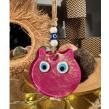 El Yapımı Hediyelik Dekoratif Nazar Boncuklu, Kedi Figürlü Simli ve İpli 25 cm Cam Duvar Süsü,Duvar Sanatı (PEMBE)