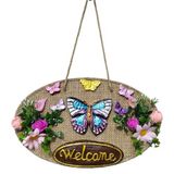 El Yapımı Jüt Kumaşlı Kelebek ve Çiçek Detaylı "Welcome" Kapı Süsü - Askılı Welcome Panosu