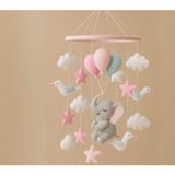 El Yapımı Keçe Bebek Dönencesi, Fil Modelli, Bulut Balon Yıldız Kuş Desenli, Pembe Gri Beyaz, Bebek Odası Süsü