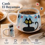 El Yapımı Kedi Desenli Seramik Kupa – Sevimli, Elde Boyalı Kahve Bardağı – Kedisever Hediyelik Çay Fincanı (Mavi)