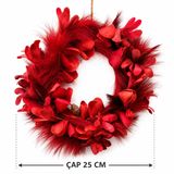 El Yapımı Kırmızı Kapı Çelengi, Yılbaşı Konsept, Yapay Çiçekli ve Tüylü, Doğal Dal Çember, 25 CM