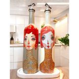 El Yapımı Kırmızı Saçlı Kadın Desenli Vintage Cam Şişe Yağdanlık Seti, Dekoratif Mutfak & Sofra Ürünü, Sosluk & Sirkelik - 750 ml