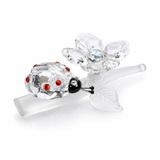 El Yapımı Kristal Uğur Böceği Biblosu, Cam Yaprak Üzerinde, 7x3 cm, Çiçek Formlu Kanatlar, Kırmızı Taş Detaylı