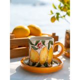 El Yapımı Limon Desenli Seramik Kahve Fincanı Kupası - Sarı
