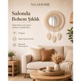 El Yapımı Makrome Ayna Duvar Süsü 40 cm | Boho Dekoratif Ahşap Boncuklu Püsküllü Ayna | Salon, Yatak NGAH017