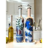 El Yapımı Mavi Çiçekli Kız Desenli Sunum Stantlı 75 ml Zeytinyağı Sıvıyağ Şişesi Yağdanlık 2 Li Set - 750 ml