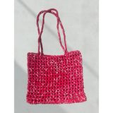 El Yapımı Örgü Kadın Kol Çantası | Şık Tasarım | 27x25 cm | Pembe&Beyaz Renk | Bohem Stil