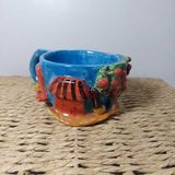 El Yapımı Seramik Dekoratif Kupa, Mavi Renk, Çiçek Desenli, 8x6 cm Boyutlarında, Geleneksel Türk El Sanatları