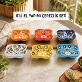 El Yapımı Seramik Papatya Desenli Sunumluk Kase Takımı 6 Parça Kalp, Kare, Elma & Papatya Formlu Çerez, Reçel, Sos Kaseleri Dekoratif Sofra Seti Bulaşık Makinesi Uyumlu Hediyelik, SQUARE