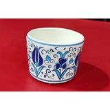 El Yapımı Seramik Saksı, Mavi-Beyaz Çiçek Desenli, 8cm Çap 6cm Yükseklik, Antika Görünümlü, Kahvaltılık Şekerlik Kase