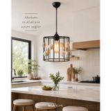 El Yapımı Siyah Tel Kafes Ponponlu Dekoratif Avize (20x15 cm) - LED Ampul Hediyeli! NGAH008