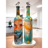 El Yapımı Soyut Kadın Portresi ve Çiçek Motifli Vintage Yağdanlık Set, Mutfak Sosluk, Sirkelik - Yeşil - 750 ml