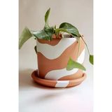 El Yapımı Terracotta Silindir Saksı + Tabak - Bohem Beyaz (Küçük)