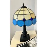 El Yapımı Vitray Retro Barok Abajur Masa Lambası Oturma ve Yatak Odası Mavi Beyaz Siyah