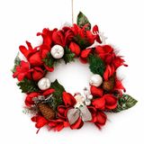 El Yapımı Yılbaşı Kapı Süsü Çelengi, Kırmızı, 25 CM, Doğal Dal Üzerine Yapay Çiçekli, Noel Temalı Premium Dekorasyon