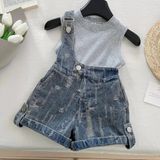 Elada Moda Kız Çocuk Ince Kot Yırtık Model Slopet ve Bluz - 2 Yaş - Mavi
