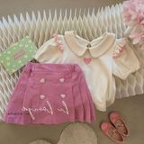 Elada Moda Pembe Pileli Şort Etek Bebe Yaka Kalp Detaylı Bluz (Ithal) - 8 Yaş