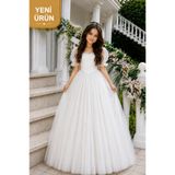ELAFOR Kız Çocuk Eteği Kabarık Tüllü Prenses Model Abiye Elbise Gelinlik-İncili Tac/Mezuniyet/Düğün/Doğum Günü