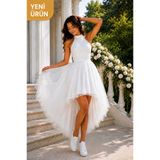ELAFOR TAM BEDEN ÖNERİLİR-Kadın/Kız Çocuk Önü Kısa Arkası Uzun İncili Tüllü Abiye Elbise(Baby Shower,Düğün,Nişan,Nikah,Kına,Parti,Balo)