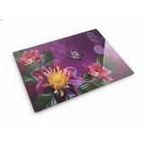 ELAR PLUS - 20x30 cm - Isıya Dayanıklı Temperli Cam Kesme Tahtası - Mor Çiçek ve Kelebek Desenli, Hijyenik Mutfak Tezgah Koruyucu ve Sunum Tablası