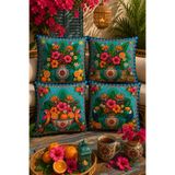 Elay Tekstil 4’lü Tropikal Dekoratif Kırlent Kılıfı Seti 43x43 cm Egzotik Çiçek Desenli Dijital Baskılı Bohem Salon Koltuk Kılıfı
