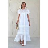 Elbee Fashion Woman Beyaz Omuzu Fırfır Detaylı ve Büzgülü Elbise