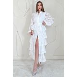 Elbee Fashion Woman Beyaz Volanlı Şeritli Kat Kat Elbise