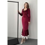 Elbee Fashion Woman Bordo Kare Yaka Eteği Volanlı Kadife Elbise