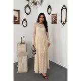 Elbee Fashion Woman Ekru Astarlı Uzun Kollu Dantel Elbise