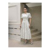 Elbee Fashion Woman Ekru Midi Boy Gümüş Pul Payet Elbise
