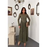 Elbee Fashion Woman Haki Astarlı Uzun Kollu Dantel Elbise