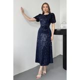 Elbee Fashion Woman Lacivert Midi Boy Pul Payet Elbise