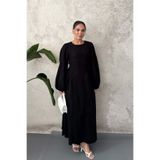 Elbee Fashion Woman Siyah Eteği Büzgülü Uzun Kollu Elbise