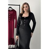 Elbee Fashion Woman Siyah Kare Yaka Eteği Volanlı Kadife Elbise