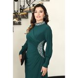 Elben Moda Lavin Taş Detaylı Abiye Elbise - Zümrüt Yeşili - 48
